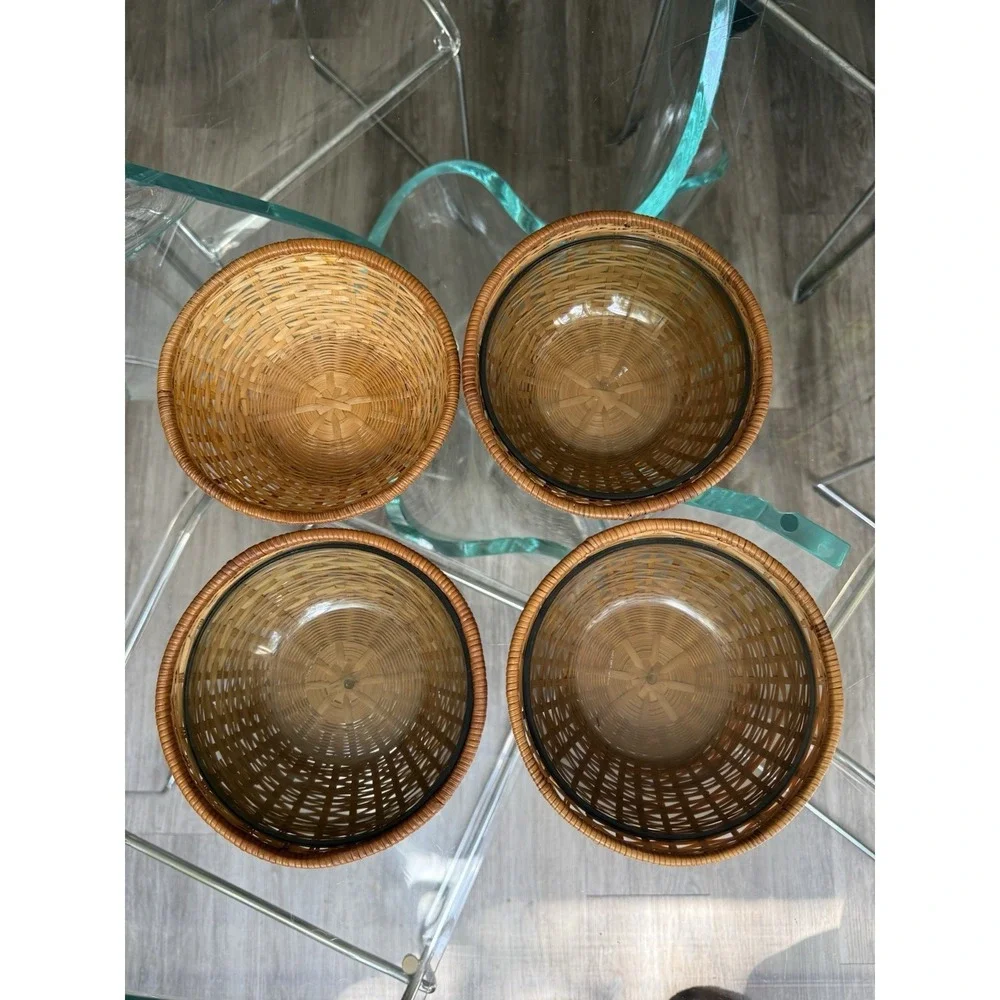 Set of 4 Vintage Rattan Wicker Snack Salad Bowls with Plastic Inserts Tiki Boho